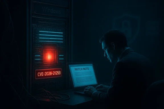 Security analyst patches CVE-2026-21253 on a Windows server rack.