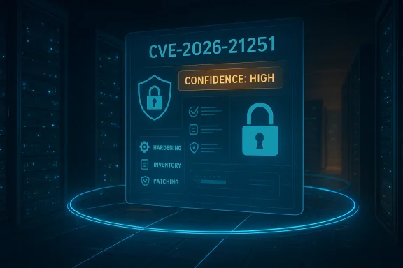 Holographic security dashboard shows CVE-2026-21251 with high confidence in a data center.