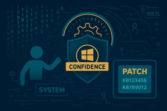 Cybersecurity illustration with a shield, Windows logo, a 'CONFIDENCE' badge and patch codes.