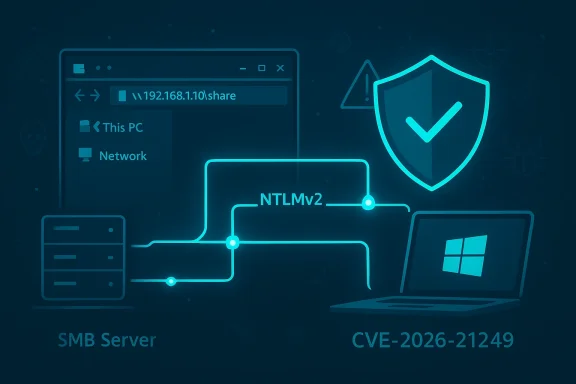 Neon diagram shows NTLMv2 flow across an SMB network, with a security shield and CVE-2026-21249.