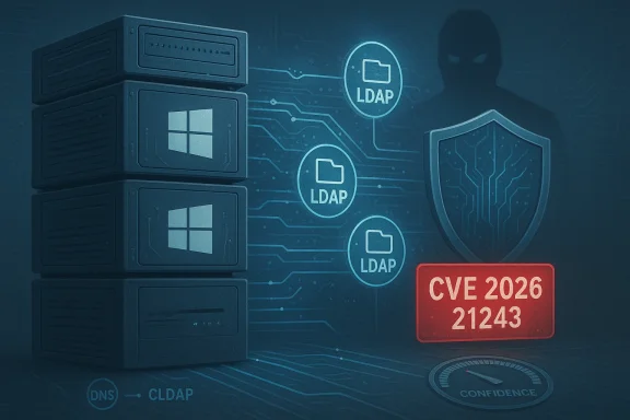 Data center servers with LDAP icons and a red CVE-2026-21243 alert signaling a security threat.