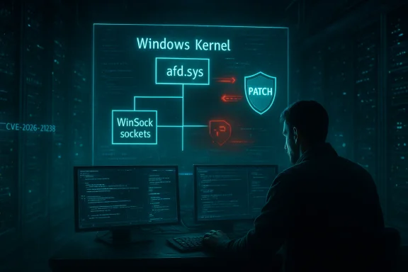 Security engineer analyzes Windows kernel diagram on a holographic display in a server room.