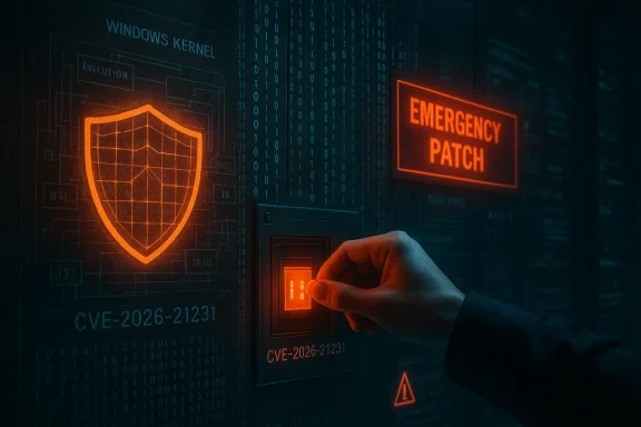 A hand flips an orange-lit emergency patch switch on a server wall labeled CVE-2026-21231.