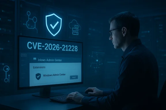 IT professional monitors CVE-2026-21228 security alert on a Windows Admin Center screen.