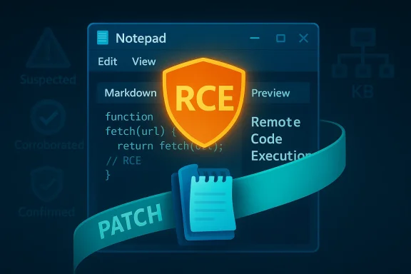 Glowing RCE shield over code in a Notepad window with a patch ribbon.