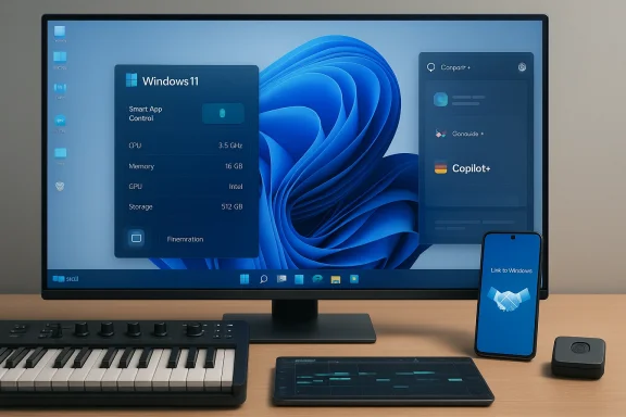 Windows 11 desktop setup: large monitor displaying UI, phone linking to Windows, with keyboard and tablet.