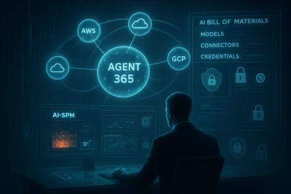 A person at a desk analyzes a holographic AI dashboard centered on Agent 365 and cloud services.