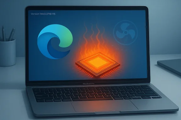 MacBook Pro screen shows a glowing, hot CPU chip beside the Edge logo and a cooling fan icon.