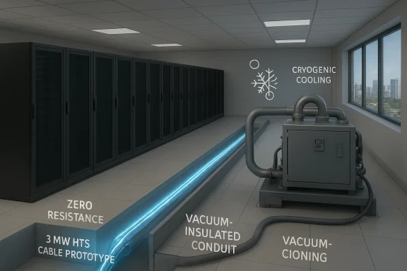 Cryogenic lab with a 3 MW HTS cable prototype and zero-resistance cooling.