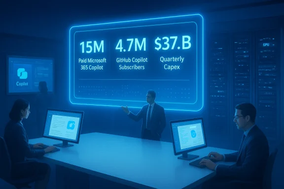 Tech briefing in a data room with a neon blue holographic display of Copilot metrics.