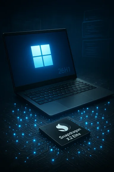 Blue-tinted laptop showing the Windows logo, paired with a Snapdragon X2 Elite chip on a glowing circuit board.