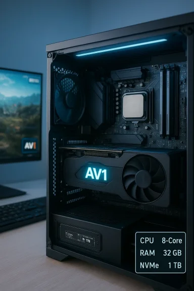 Blue-lit PC interior with AV1 GPU and a specs panel showing 8-core CPU, 32GB RAM, and 1TB NVMe.
