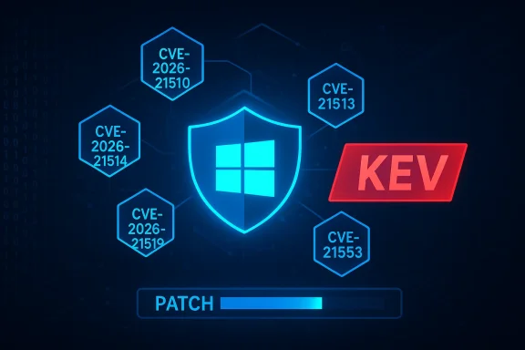 Neon blue cybersecurity illustration of a Windows shield patching CVEs, KEV badge, and a patch progress bar.