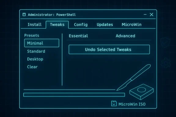 PowerShell-based admin UI for MicroWin ISO with tweak presets and Undo Selected Tweaks.