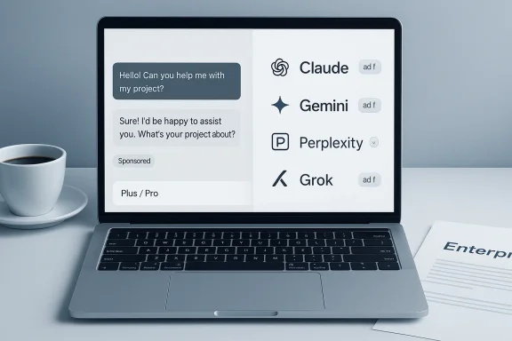 A laptop screen shows a chat UI with AI assistants Claude, Gemini, Perplexity, and Grok.
