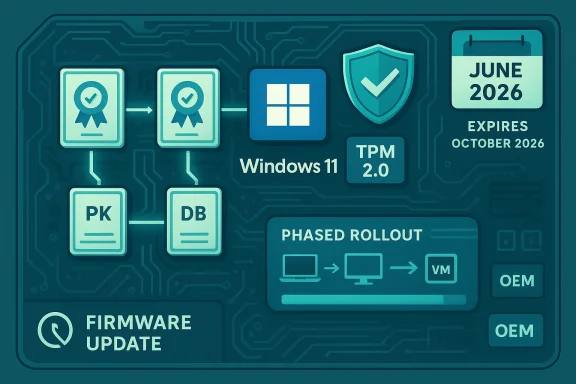 Tech infographic about Windows 11 rollout with TPM 2.0, firmware updates, and phased deployment.
