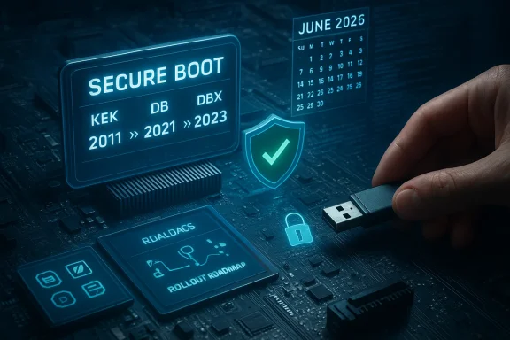 Hand inserts a USB drive as blue holographic security panels show Secure Boot and a shield.