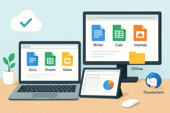 A multi-device workspace with cloud sync for Docs/Sheets/Slides and Writer/Calc/Impress, plus offline mode.