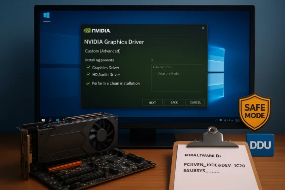 Windows desktop shows an NVIDIA graphics driver installer window, with a GPU and motherboard on a desk.