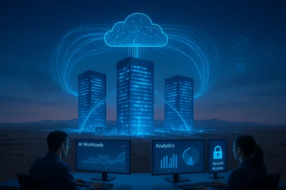 Blue, futuristic cloud data center with three towers connected to a glowing cloud above.