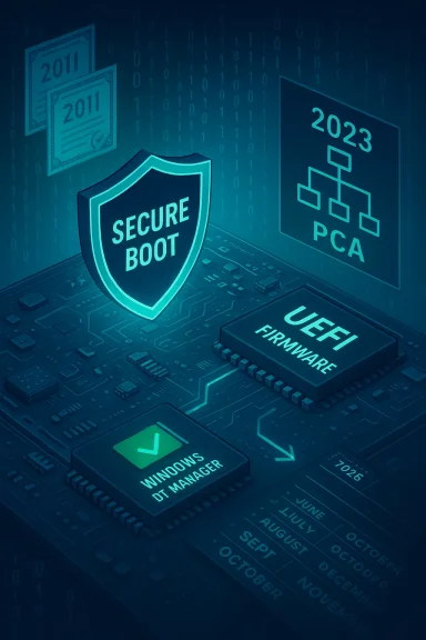 Blue neon computer board with a Secure Boot shield, UEFI firmware chip, and a 2023 PCA diagram.