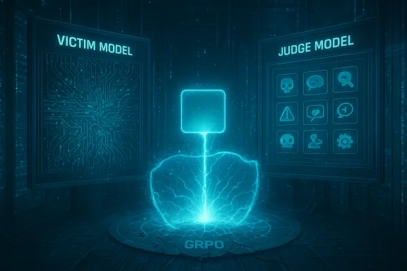 Blue holographic scene with Victim Model and Judge Model panels flanking a glowing central core.