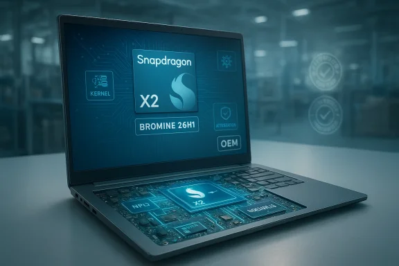 A futuristic laptop screen shows Snapdragon X2 branding with glowing circuit graphics.