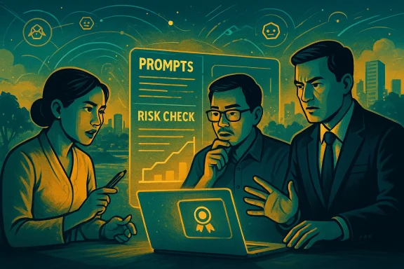 Three professionals review a prompts risk check on a laptop.