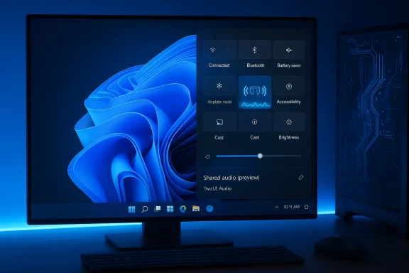 A blue-lit desk setup with a monitor displaying Windows quick settings overlay.