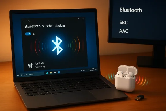 Laptop shows Bluetooth settings with AirPods connecting, next to an AirPods case on a warm desk.