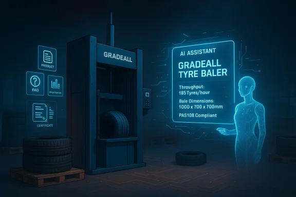 AI-assisted tyre baler displays specs beside a large workshop machine.
