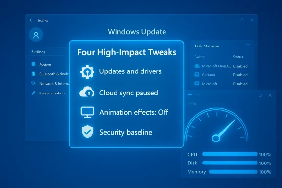 Windows Update screen with a glowing card listing four high-impact tweaks: updates, cloud sync paused, animation off, security baseline.