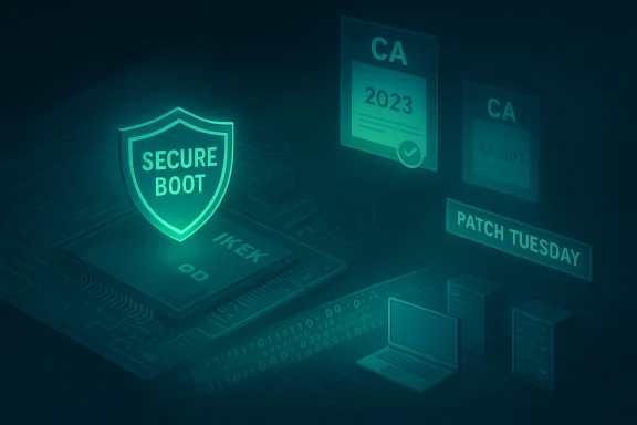 Glowing Secure Boot shield over a circuit board, with CA 2023 and Patch Tuesday signs.