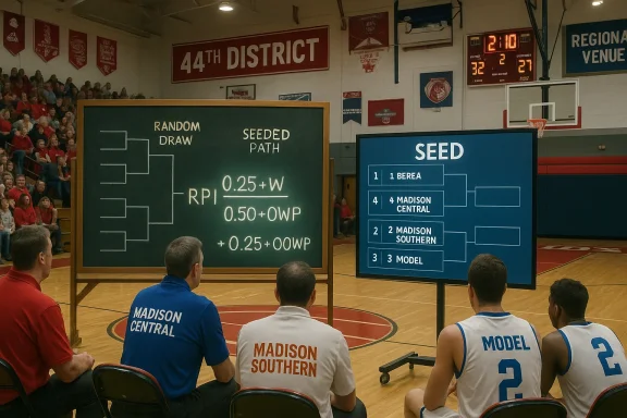 High school gym featuring seed brackets on display as players in Madison Central/Southern jerseys watch.