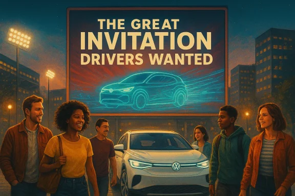Diverse friends walk past a neon billboard reading 'The Great Invitation: Drivers Wanted' with a glowing car outline.