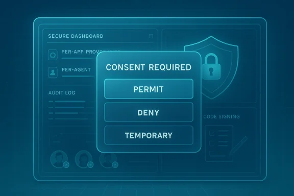 A futuristic secure dashboard featuring a consent dialog with Permit, Deny, or Temporary.
