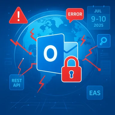 Outlook logo with a lock amid warning icons and a global outage scene.