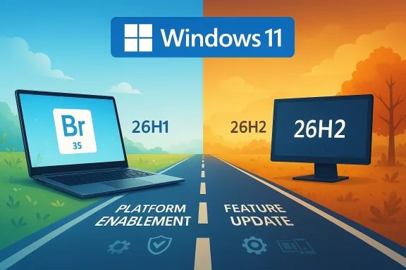 Windows 11 logo above a split road showing 26H1 vs 26H2 update paths for devices.