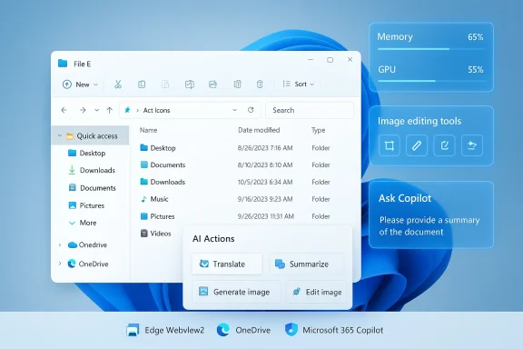 Windows-style desktop with a File Explorer window and floating AI Copilot tools.
