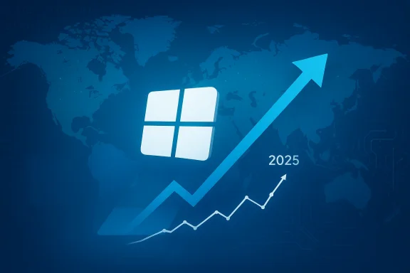 Windows logo with an upward-trending graph over a world map, signaling growth to 2025.