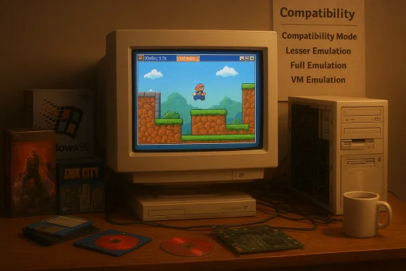 Retro computer setup with a CRT monitor displaying a platformer, surrounded by vintage software boxes and disks.
