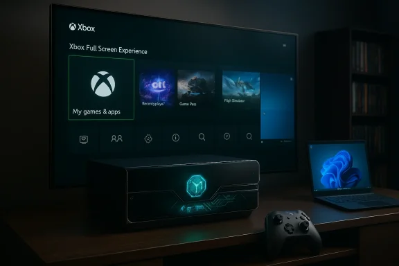 Glowing Xbox console on a desk beside a laptop, with a large TV showing the Xbox dashboard and controller.