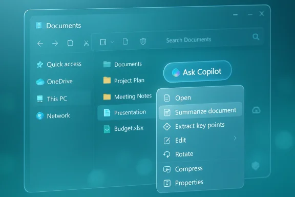 Teal 3D Documents UI with Quick access, folders, and a Copilot menu offering Open, Summarize, and Edit.