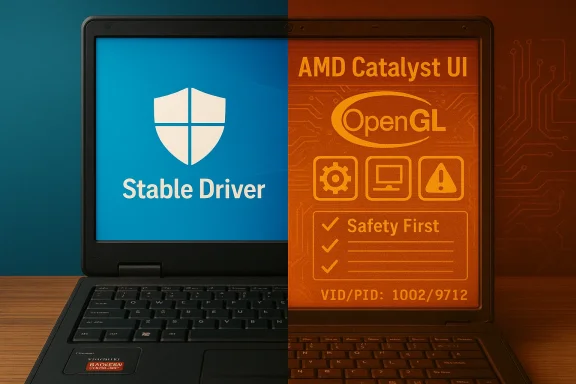 Laptop split in half: blue Windows 'Stable Driver' on the left, orange AMD Catalyst/OpenGL UI on the right.