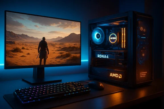 A gaming PC with AMD RDNA4, glowing RGB, beside a monitor showing a desert landscape.