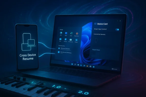 Phone and laptop showcase a cross-device resume with connected app controls and panels.