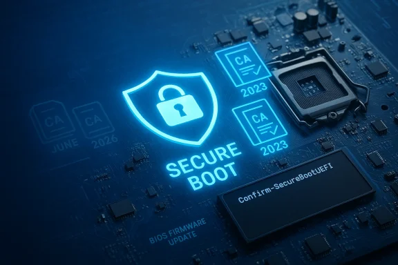 Bright neon Secure Boot shield with a lock on a circuit board, symbolizing hardware security.