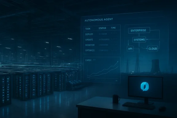 Blue-tinted data center featuring a holographic dashboard for autonomous agent tasks.