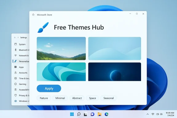 Windows 11-style app window titled Free Themes Hub with image thumbnails and an Apply button.