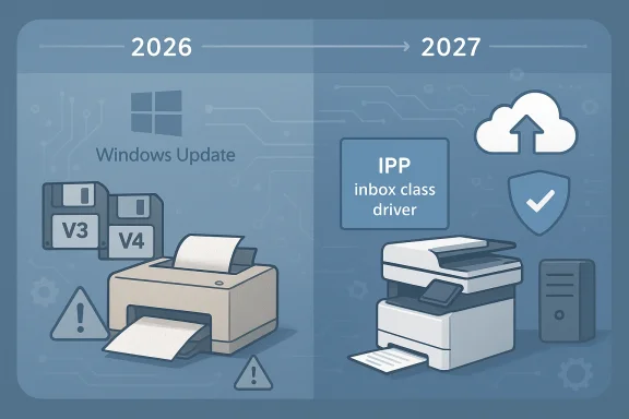 Windows Update 2026–2027: rollout of IPP inbox class driver for printers.